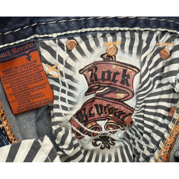 Rock Revival Jeans 25 Distressed Rip Y2K Crystal Flap Pocket Straight Streetwear - Picture 8 of 10